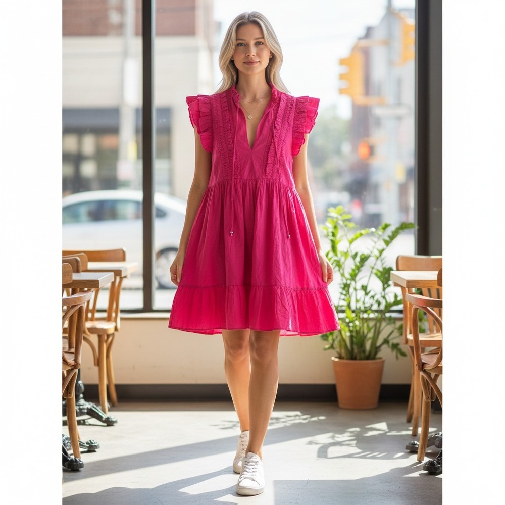 Caroline Constas Pink Cotton Ruffle V-Neck Tiered Mini Dress Womens Medium